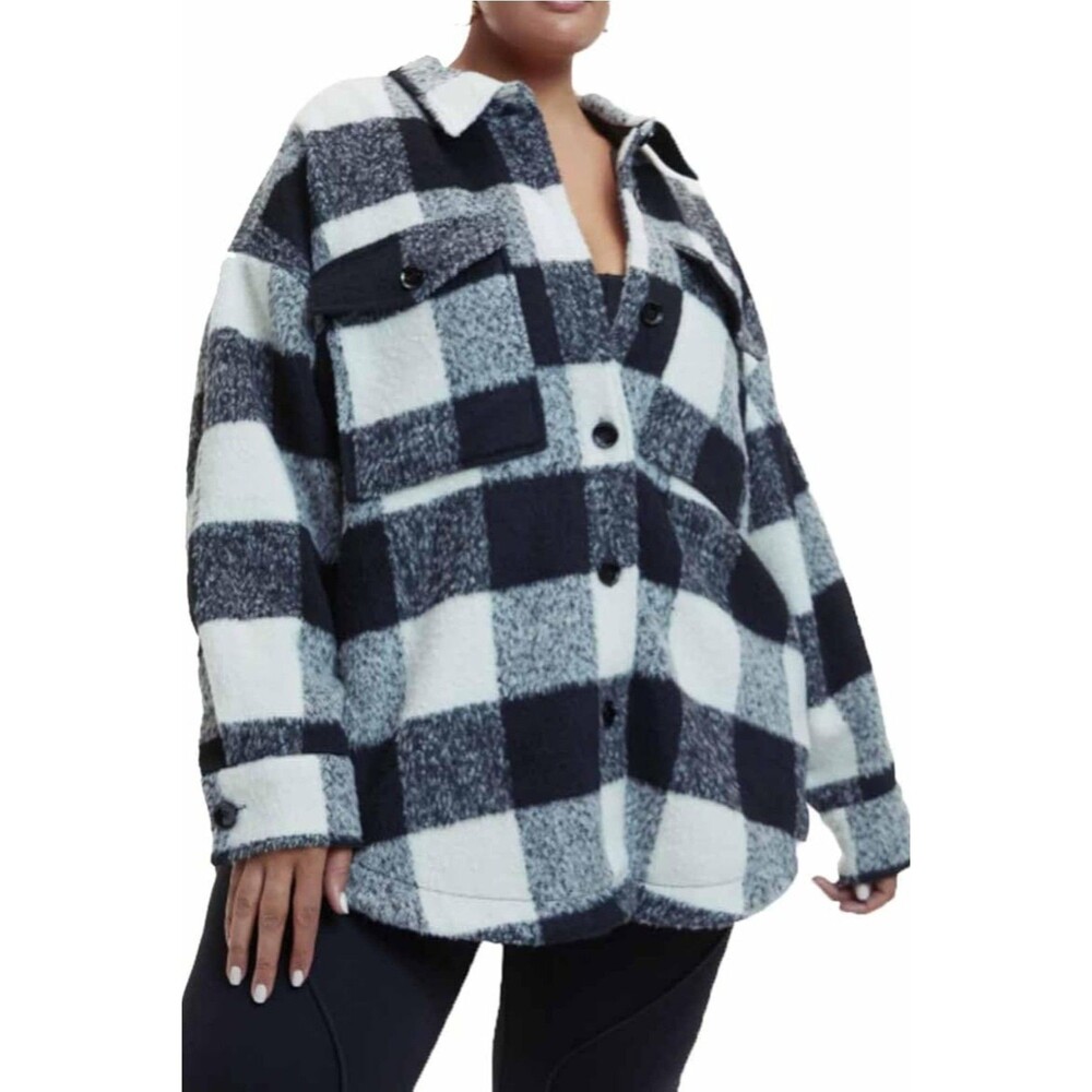 Good American Women's 3x-4x Cozy Brushed Plaid Shacket Black White Plus Size